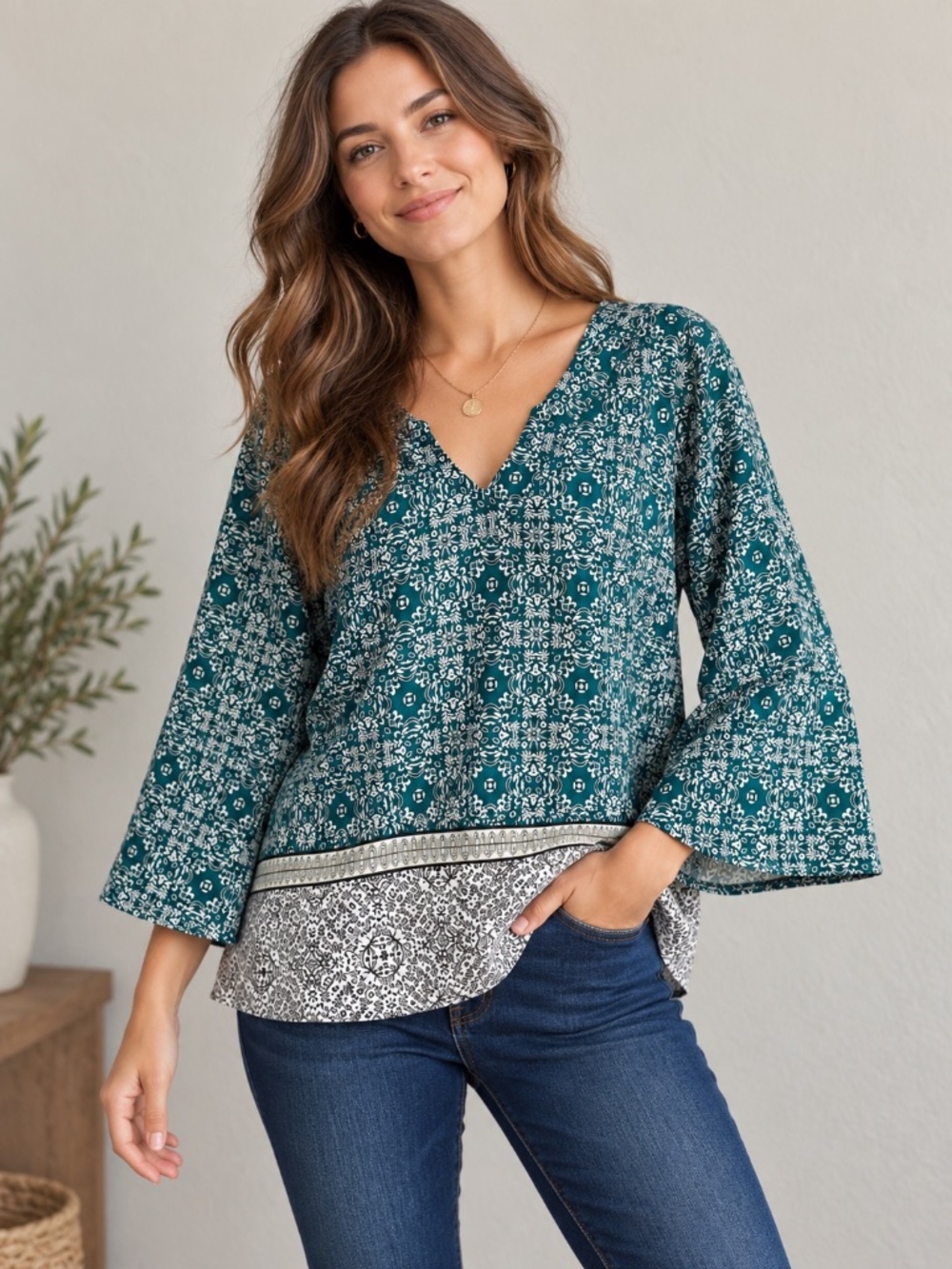 Dana Buchman Boho Teal & Black Geometric print Bell Sleeve Tunic Top Size XL